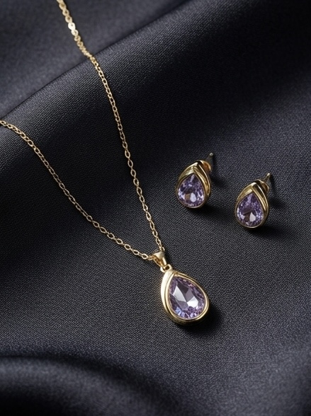 Lavender Teardrop Necklace & Stud Earrings Set- Anti Tarnish