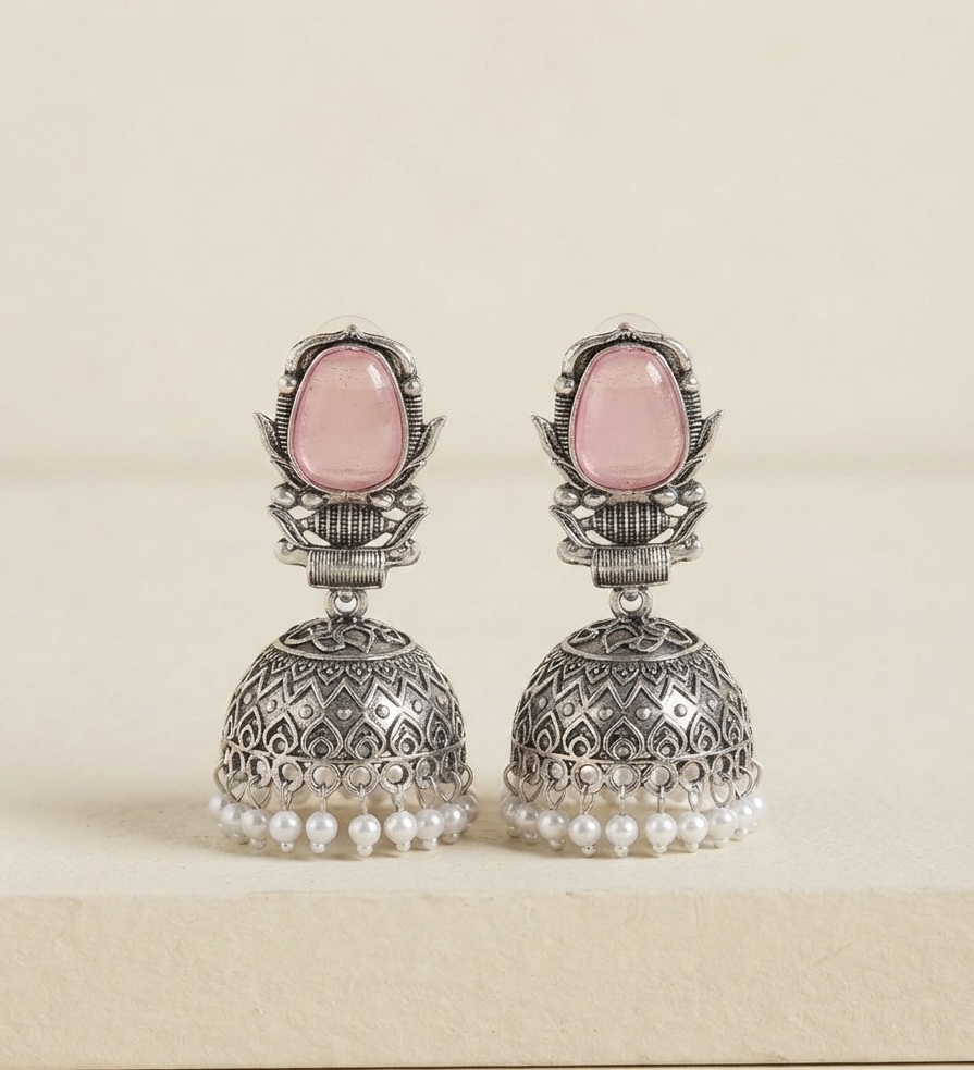 Oxidized Silver Pink Stone Jhumka Earrings with Pearl Drops | Traditional Ethnic Earrings