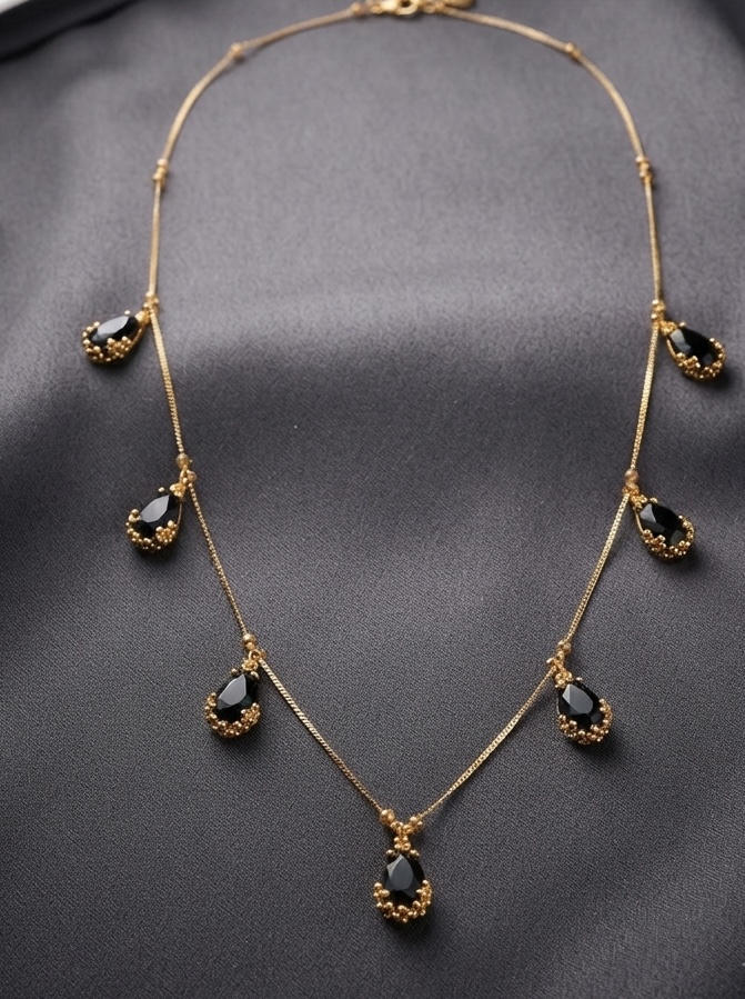 Midnight Black Teardrop Golden Necklace-Anti Tarnish