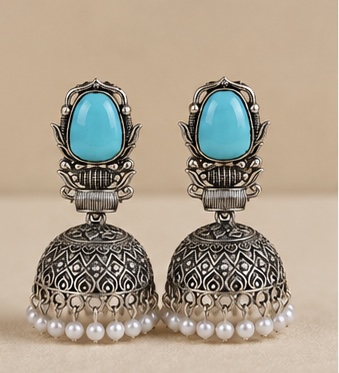 Oxidized Silver Aqua Blue Stone Jhumka Earrings with Pearl Drops | Traditional Ethnic Earrings