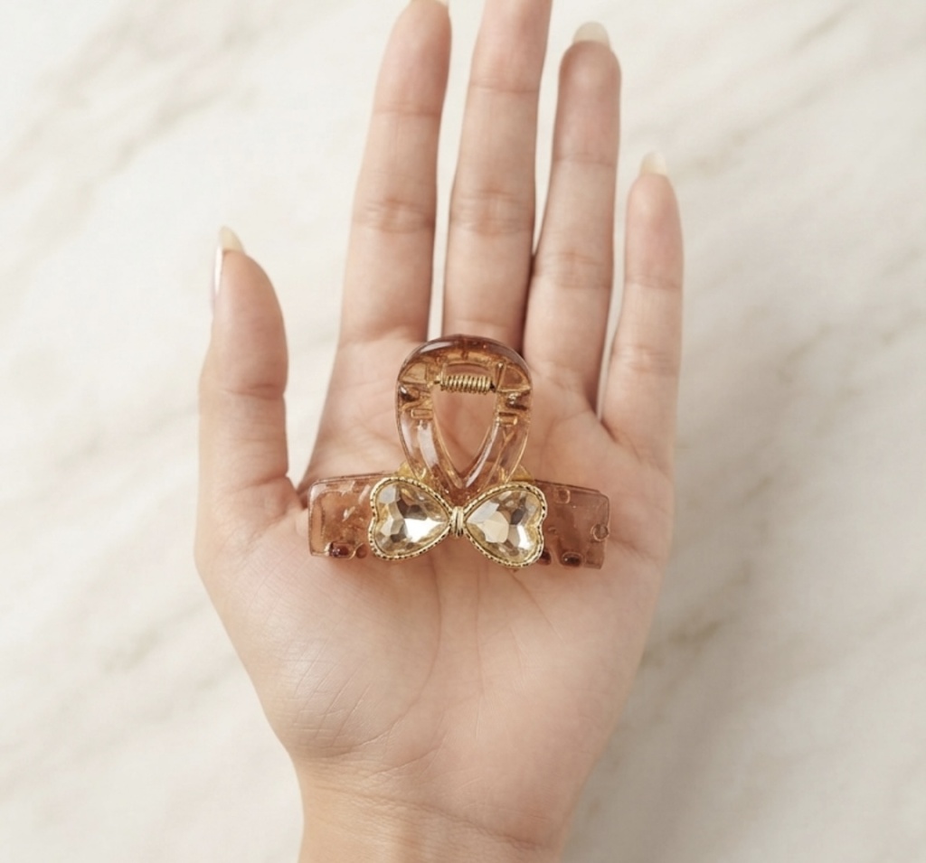 Dainty Golden-Amber Heart Rhinestone Clear Hair Claw Cli