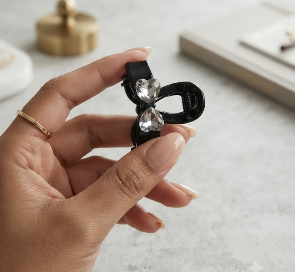 Black Crystal Heart Hair Claw Clip