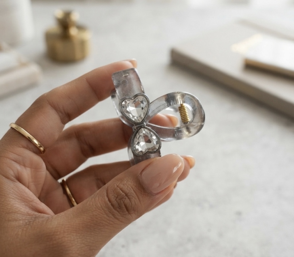Grey Crystal Heart Hair Claw Clip