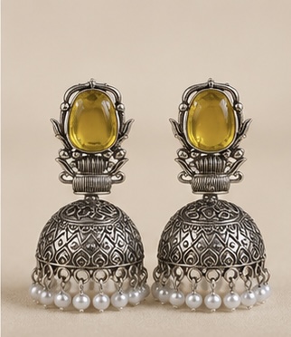 Oxidized Silver Mustard Yellow Stone Jhumka Earrings with Pearl Drops | Traditional Ethnic Earrings