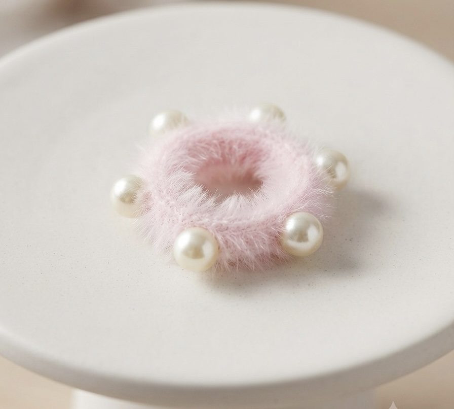 Korean Soft Fur Pearl Scrunchies -Pink