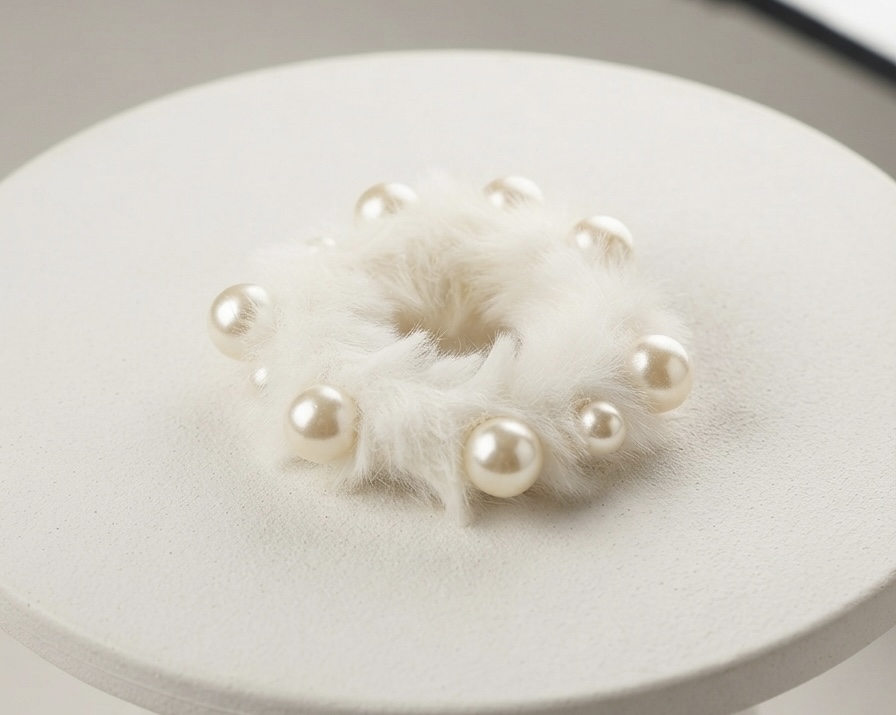 Korean Soft Fur Pearl Scrunchies -    Off-White