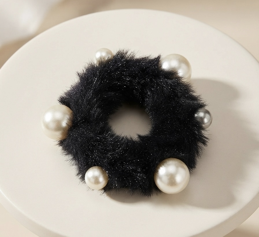 Korean Soft Fur Pearl Scrunchies -Black
