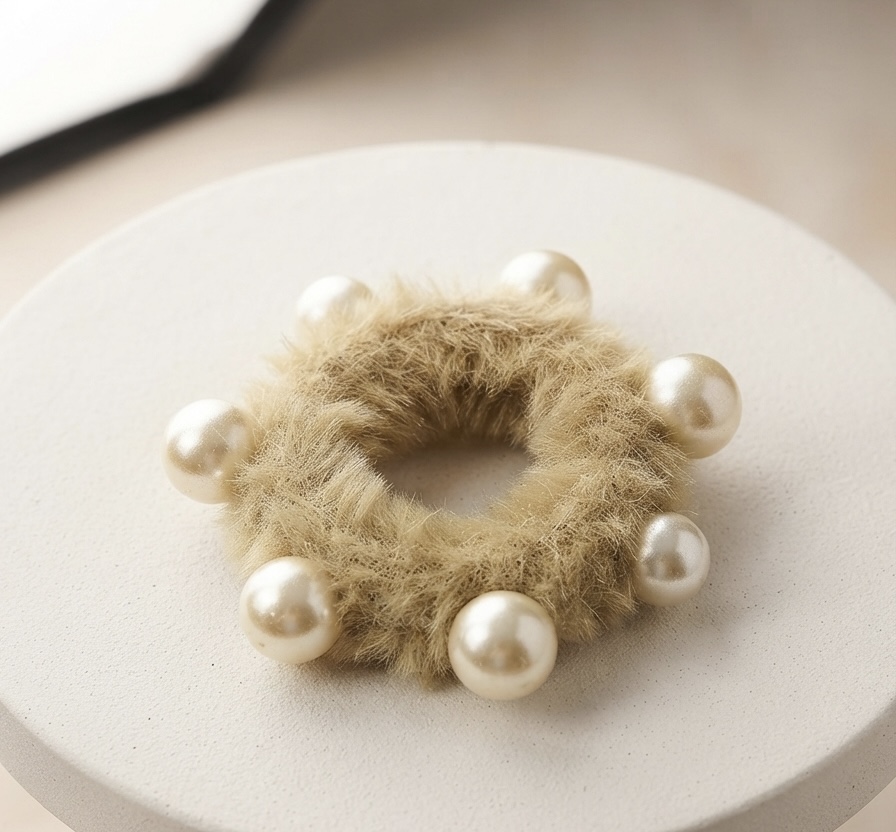 Korean Soft Fur Pearl Scrunchies -Beige