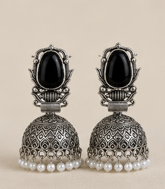 Oxidized Silver Black Stone Jhumka Earrings with Pearl Drops | Traditional Ethnic Earrings