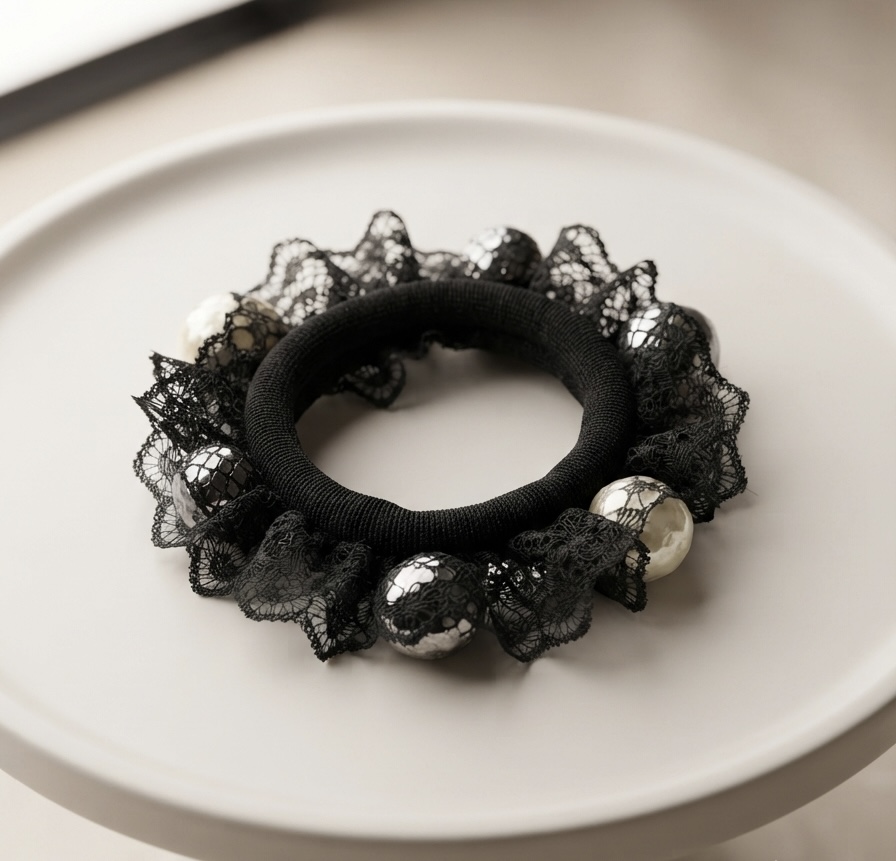 Black Lace & Beaded Ruffle Hair Scrunchie