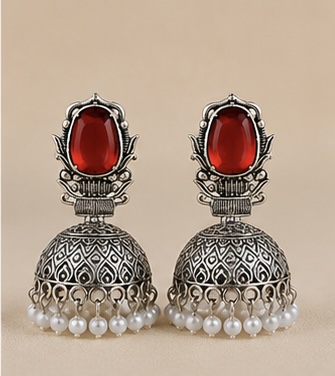 Oxidized Silver Red Stone Jhumka Earrings with Pearl Drops | Traditional Ethnic Earrings