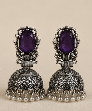 Oxidized Silver Purple Stone Jhumka Earrings with Pearl Drops | Traditional Ethnic Earrings