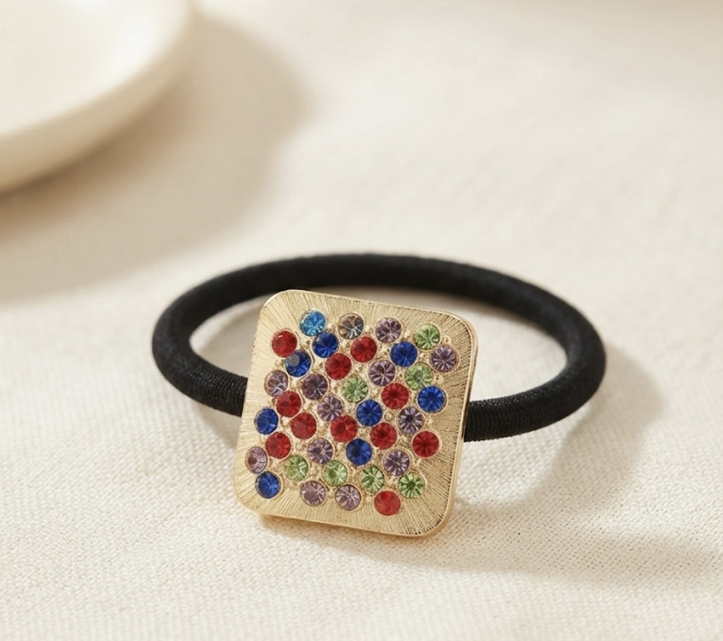 Rhinestone Square Charm Black Elastic Hair Tie