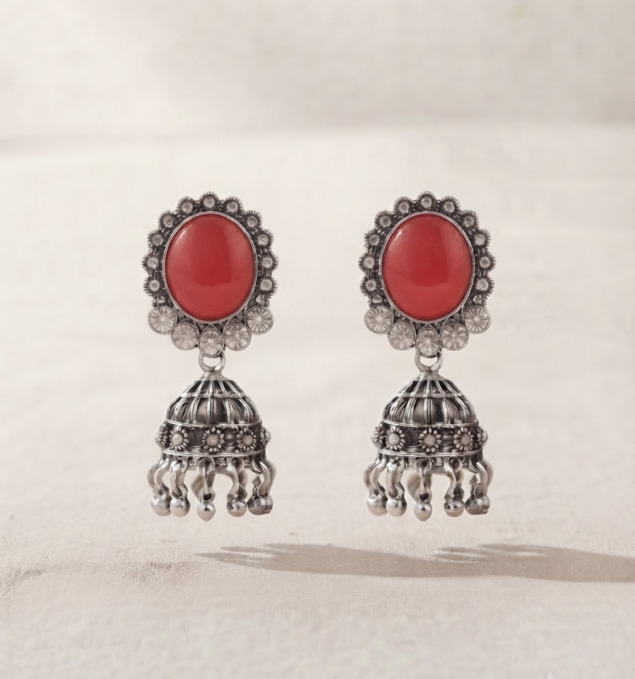Coral Red Stone Oxidised Jhumka