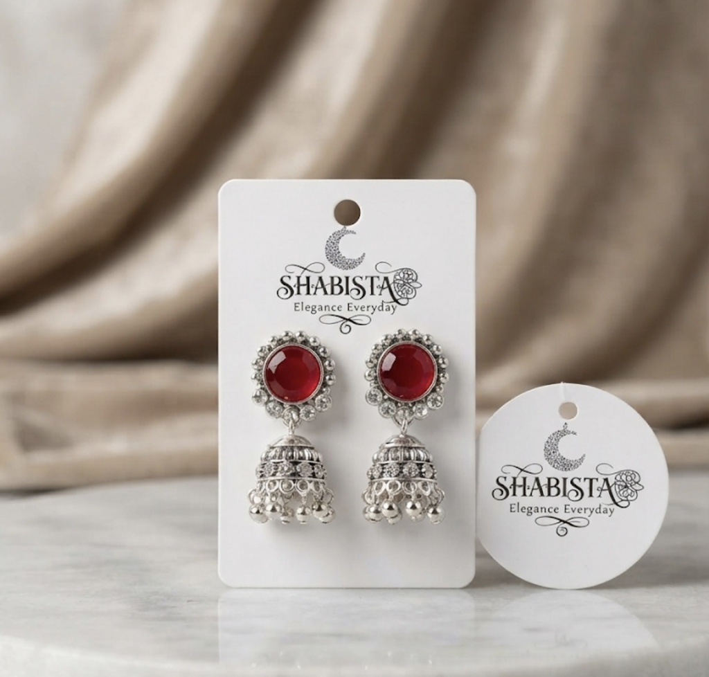 Coral Red Stone Oxidised Jhumka