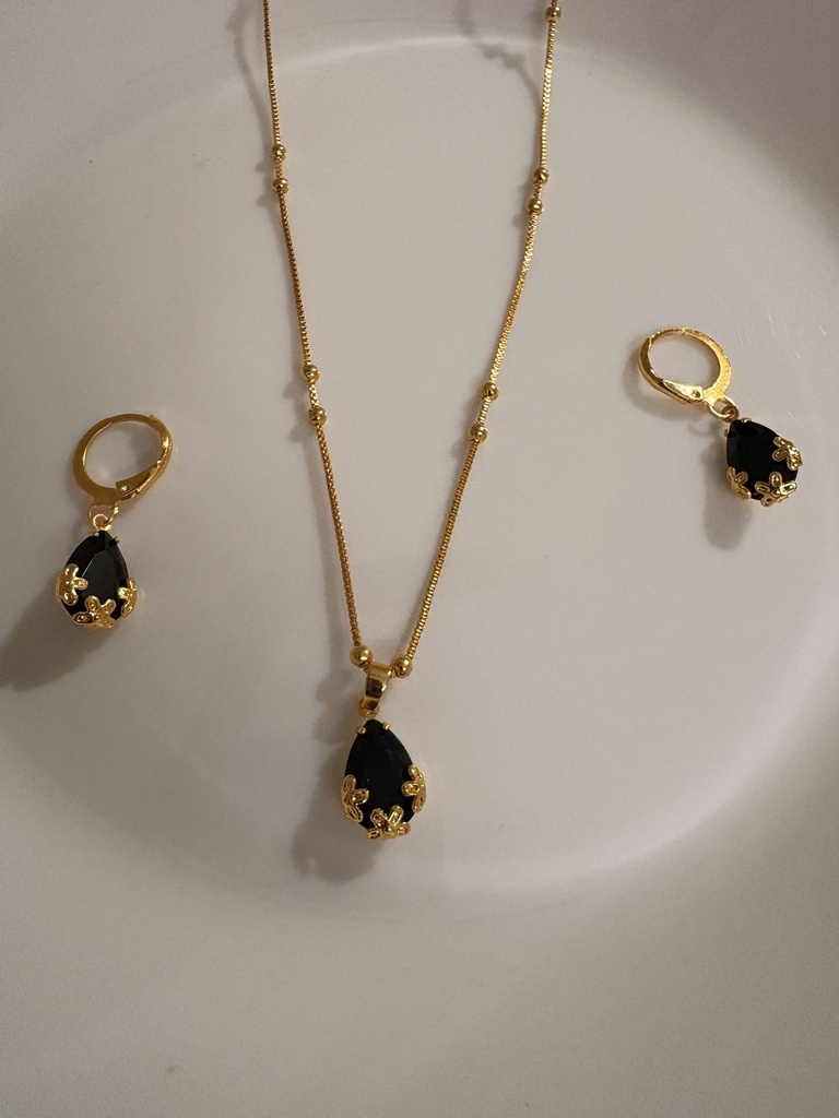 Matching Necklace And Earrings Set Featuring Striking Black Tear Drop