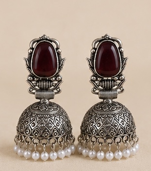 Oxidized Silver Maroon Stone Jhumka Earrings with Pearl Drops | Traditional Ethnic Earrings