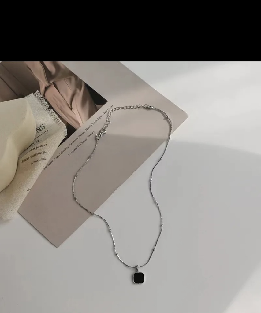 Anti Tarnish Minimalist Black Square Necklace -Silver  -Unisex