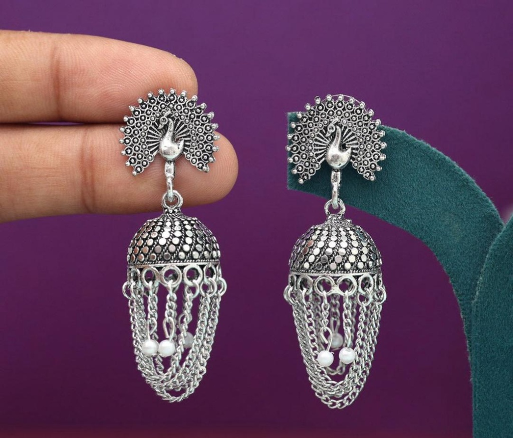 Stunning Silver Oxidized Jhumka,Delicate Hanging Chains (GT OFFER)