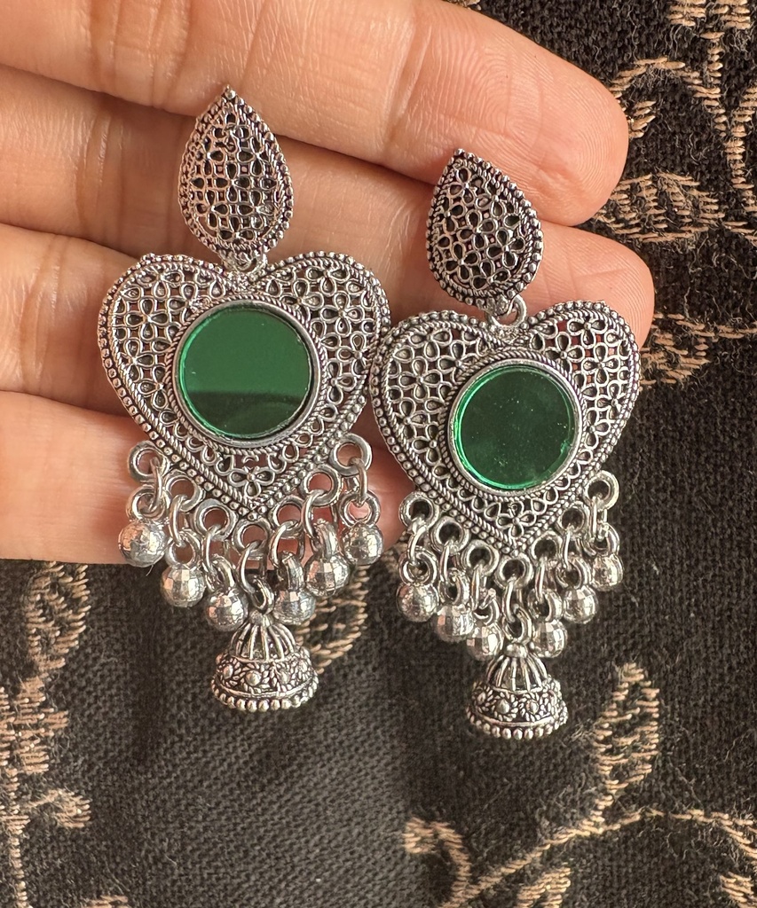 Green Heart Oxidised Jhumka Earrings