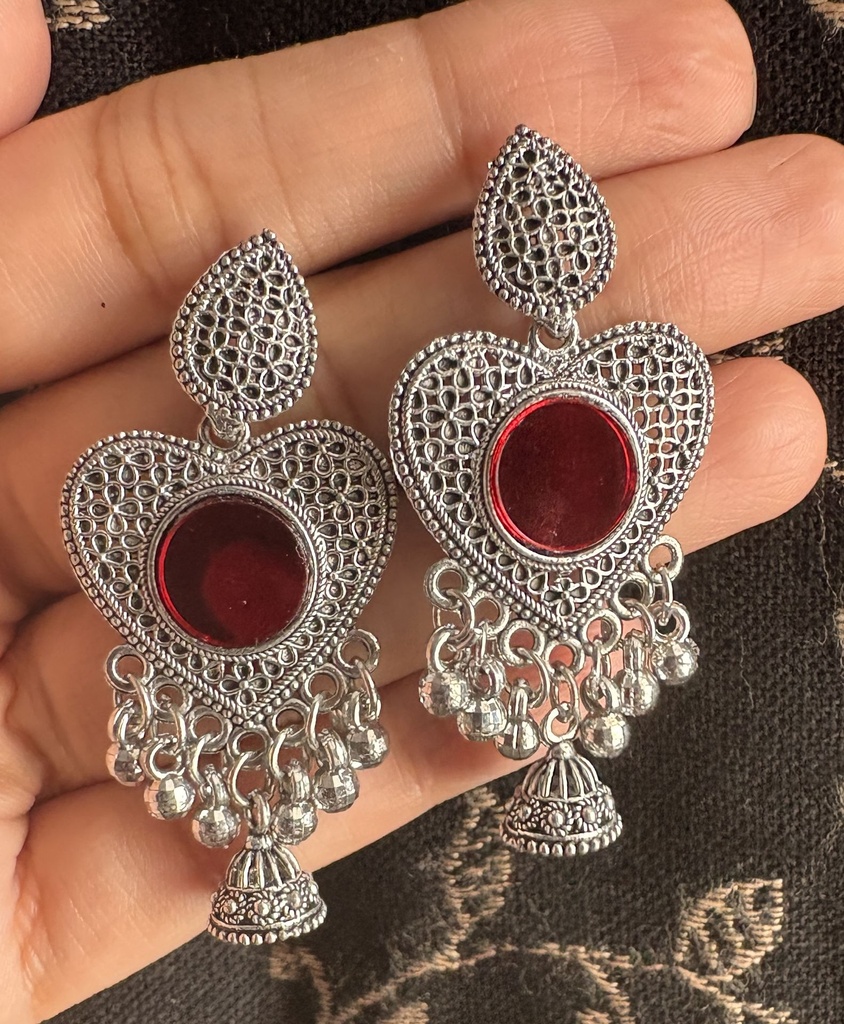 Red Heart Oxidised Jhumka Earrings GT OFFER