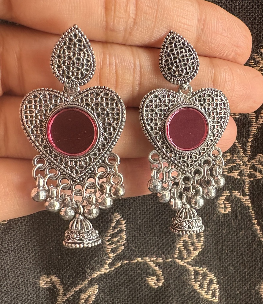 Pink Heart Oxidised Jhumka Earrings GT OFFER