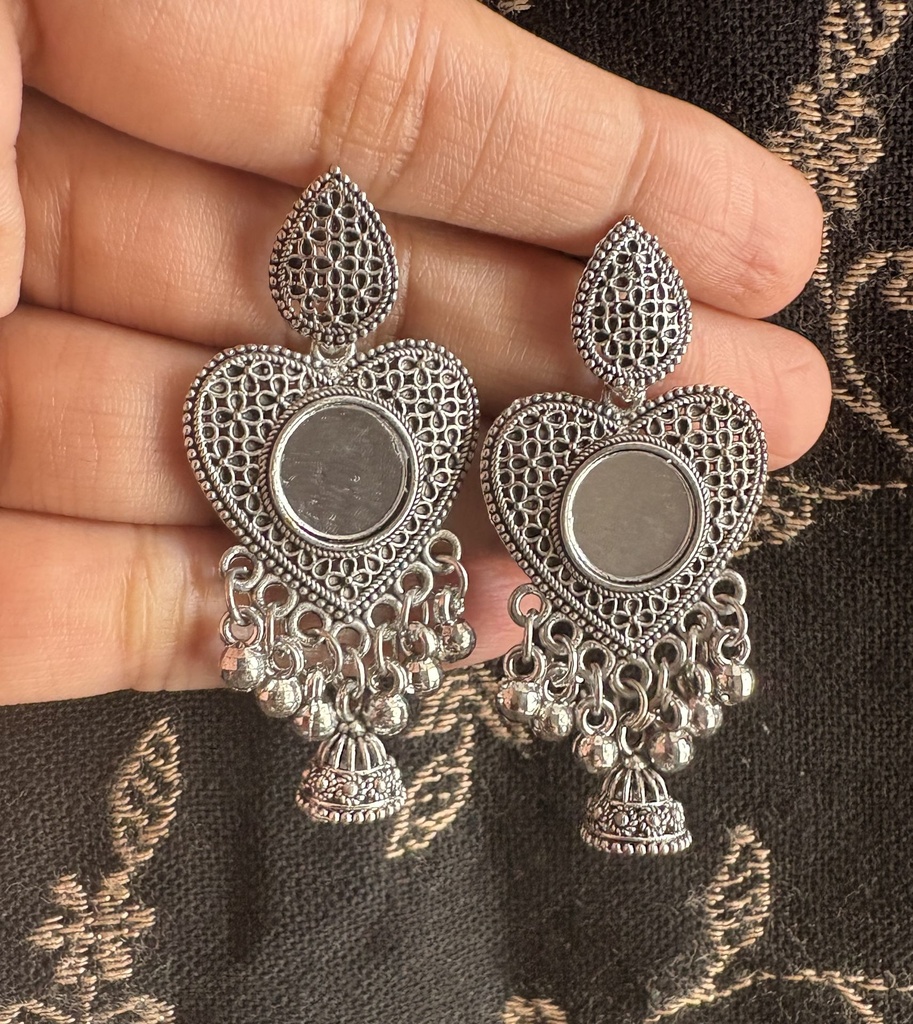 Oxidised Silver Heart Jhumka Earrings