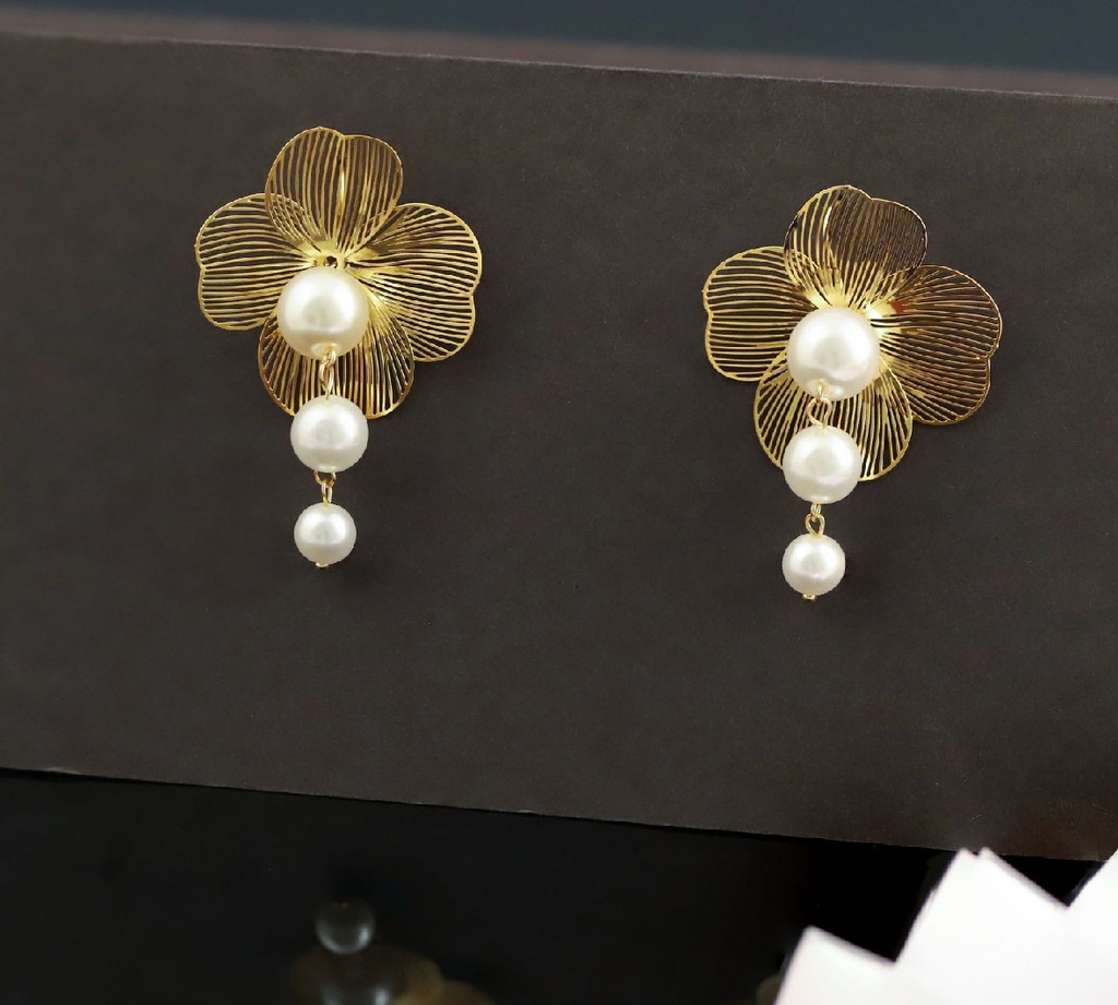 22K Gold-Plated Pearls Beaded Korean Floral Shaped Drop Earrings
