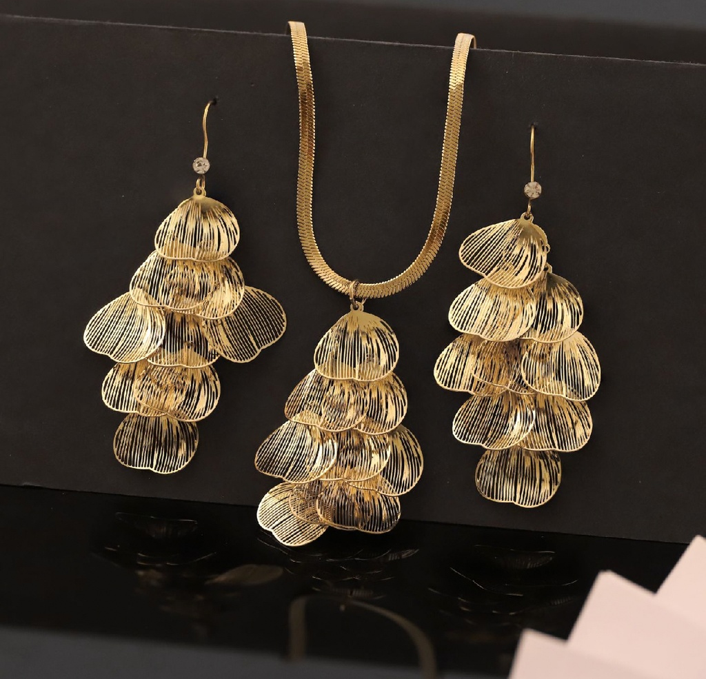 22k Gold-Plated Layered Petal Drop Necklace & Earring Set