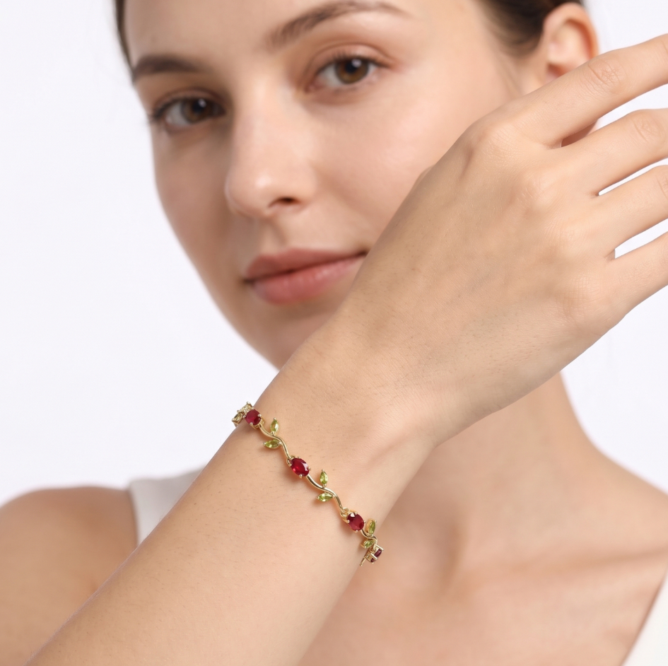 22k Gold-Plated Stainless Steel Emerald, Ruby Bracelets