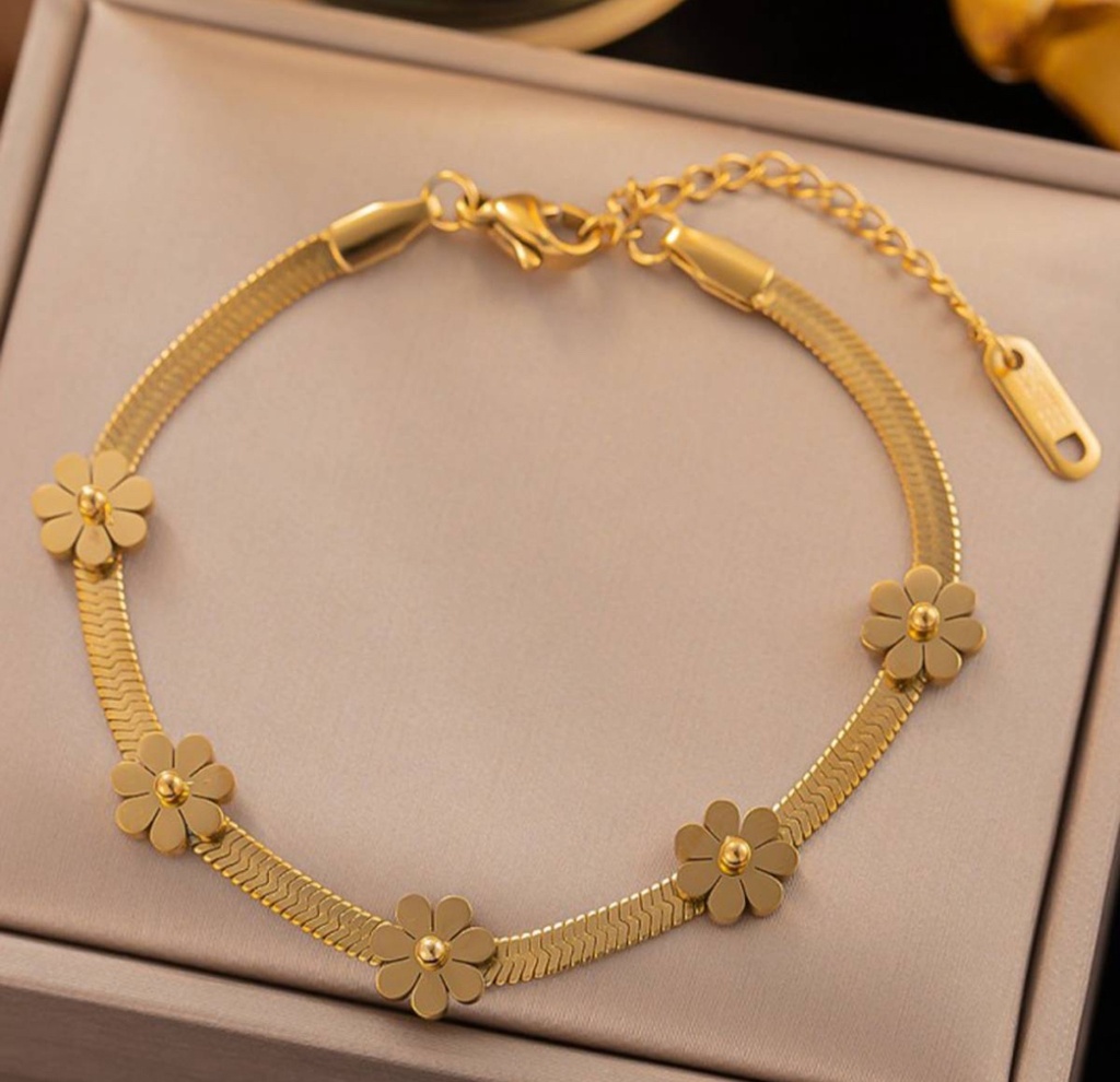 22k Gold Plated Bracelet for Women, Stainless Steel Snake Chain with Five Flower Charms