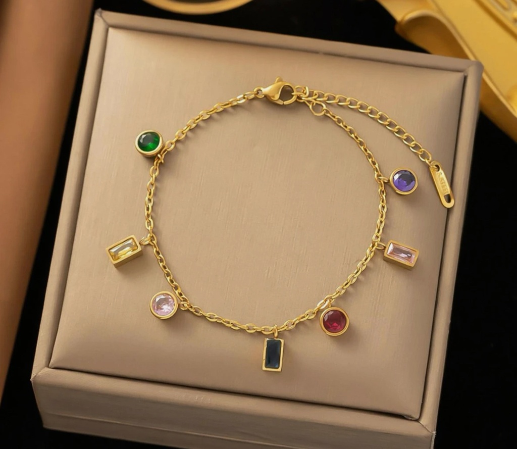 22k Gold-Plated Stainless Steel Multi Gems Charms Bracelet