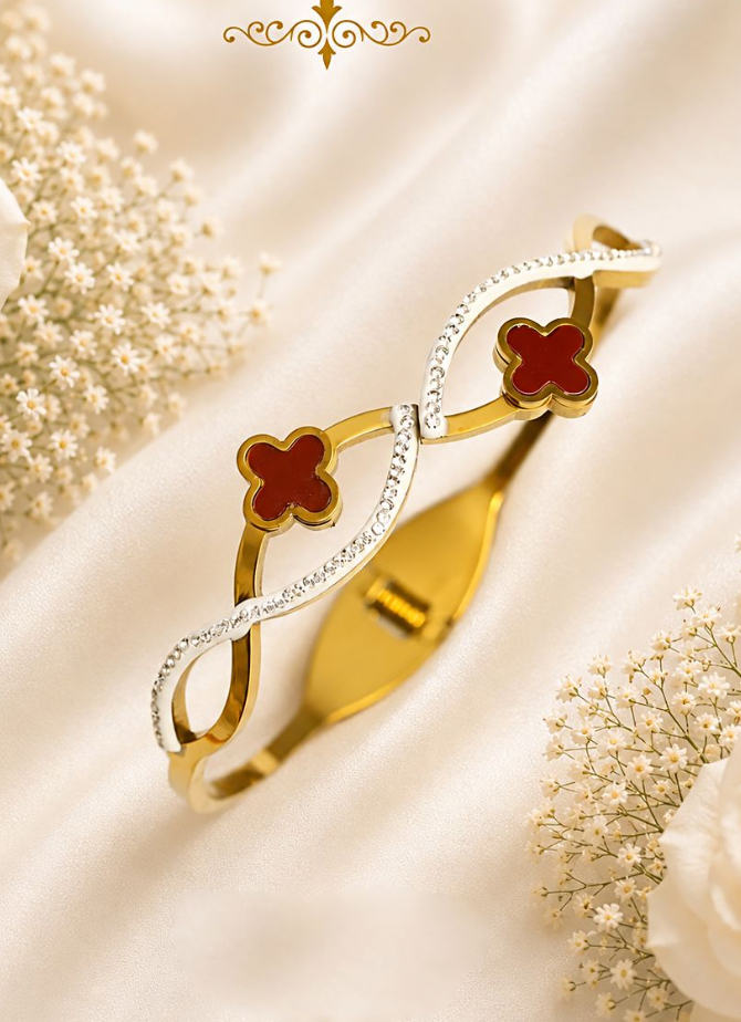 22k Gold-Plated Anti-Tarnish Red Clover Cuff Bracelet