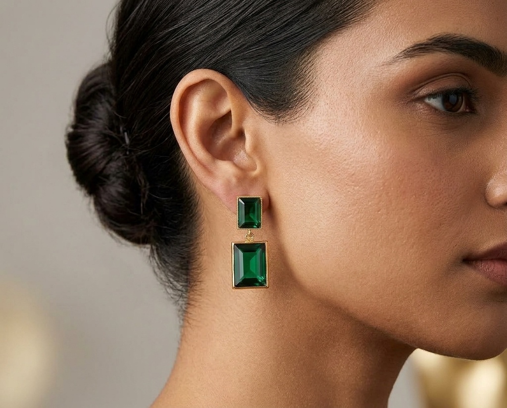 22k Gold-Plated Emerald Cut Green Crystal Drop Earrings