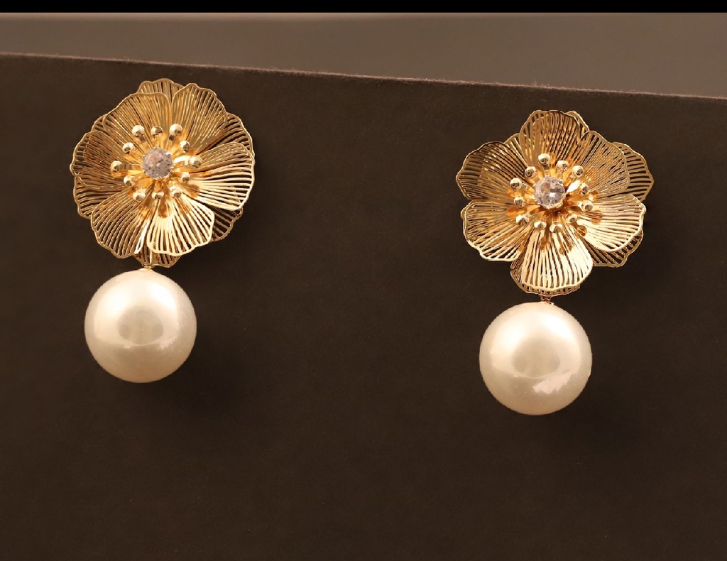 22K Gold-Plated Anti-Tarnish Korean Flower Stud With White Pearl Earrings