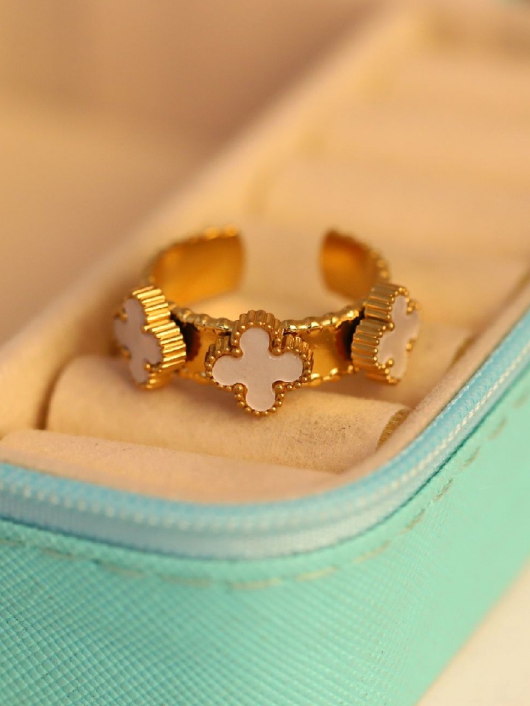 22K Gold-Plated White Clover Women Adjustable Ring
