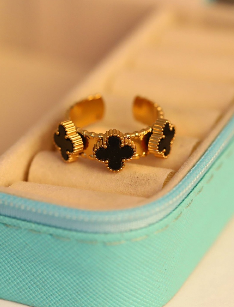 22k Gold-Plated Black Clover Women Adjustable Ring