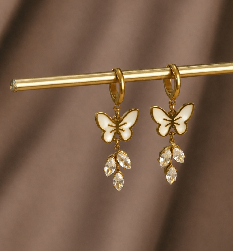 22K Gold-Plated White Butterfly Charm Hoop Earrings