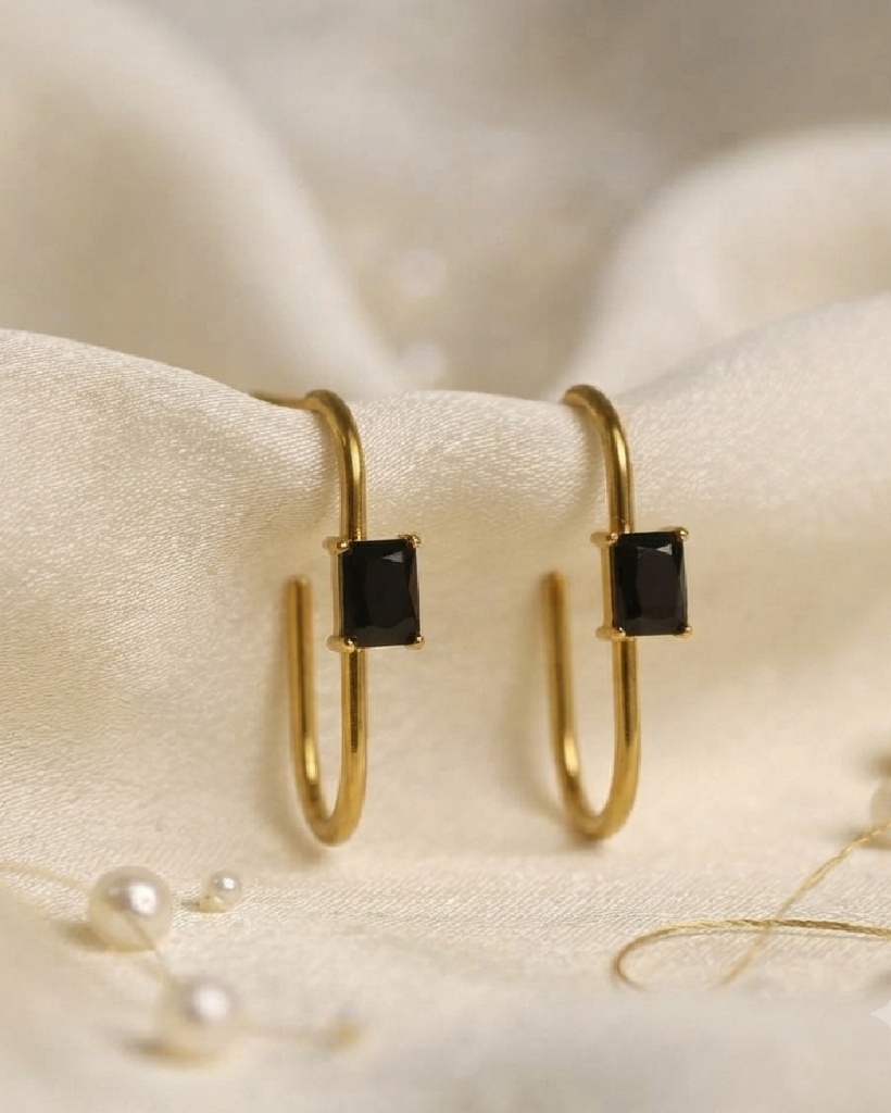 22K Gold-Plated Black Stone Geometric Hoop Earrings (Palmonas Price ₹1400)