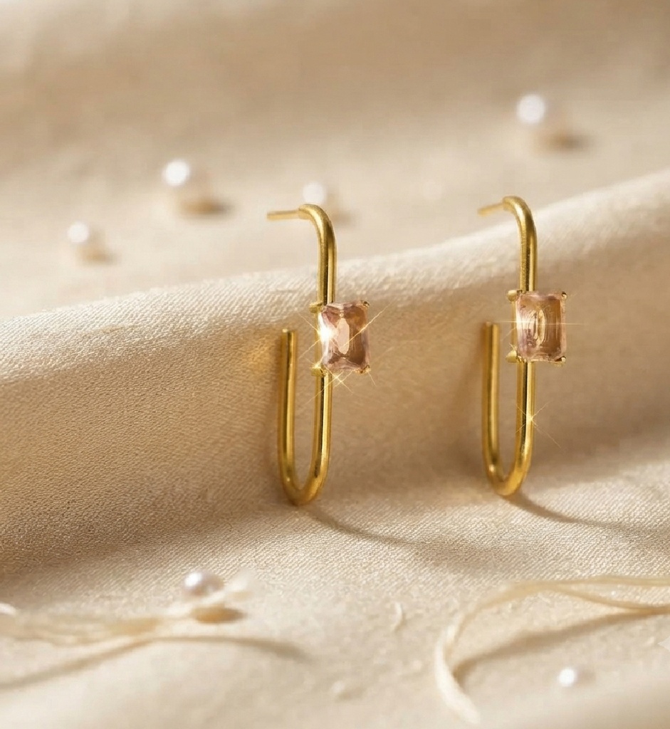 22K Gold-Plated Pink Stone Geometric Hoop Earrings