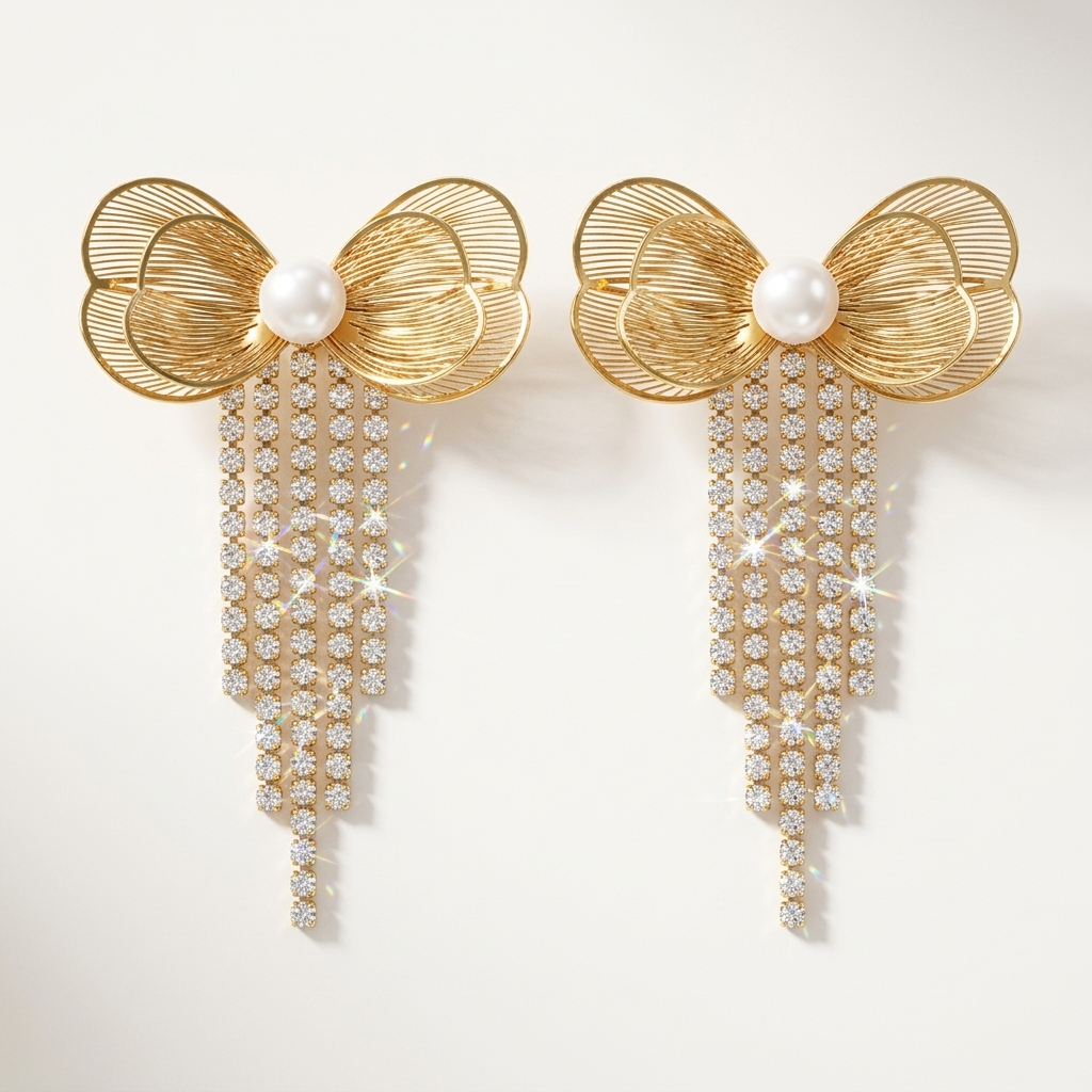 22k Gold-Plated Pearl Bowfall  Earrings