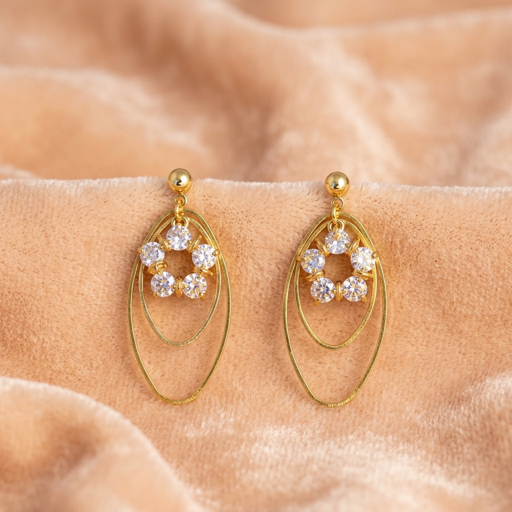 22K Gold-Plated Double-Oval Hoop Drop Earring With A Floral Cluster Central Accent
