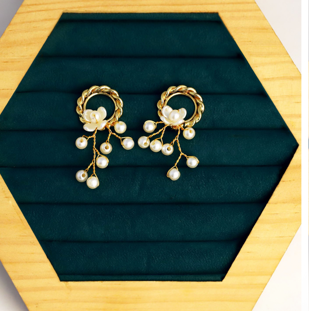 22K Gold-Plated Twisted Rope Wreath Drop Earrings With White Floral Accent And Cascade Pearl Vines