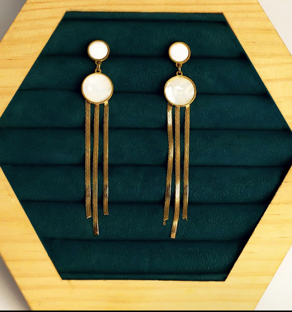 22K Gold-Plated Double Circular Mother-Of-Pearl Drop Earrings With Tassel Snake Chains