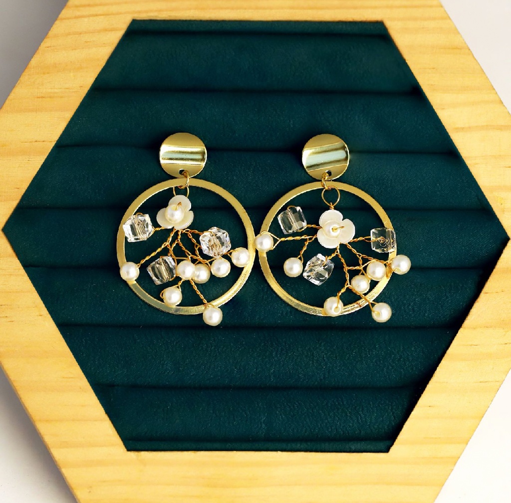 22K Gold-Plated Circular Hoop Drop Earrings With White Flower, Crystal Beads, And Pearl Wire Vines