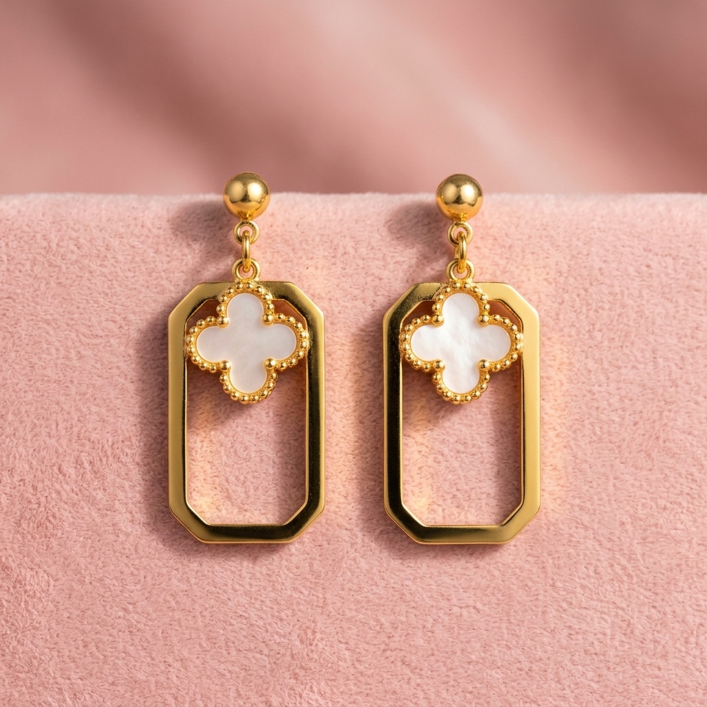 22K Gold-Plated Rectangular Frame Drop Earrings With White Clover Inlay Accent