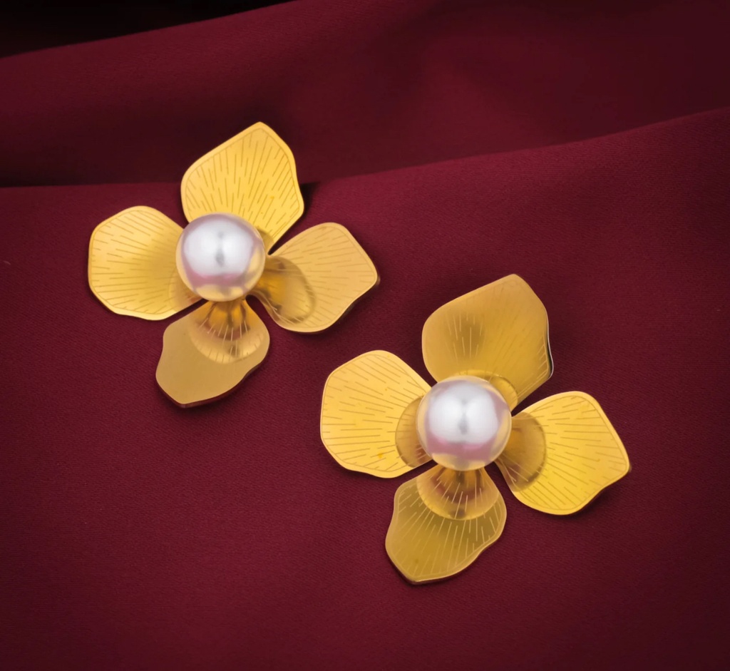 22K Gold-Plated Textured Four-Petal Floral Stud Earrings With Pearl Center
