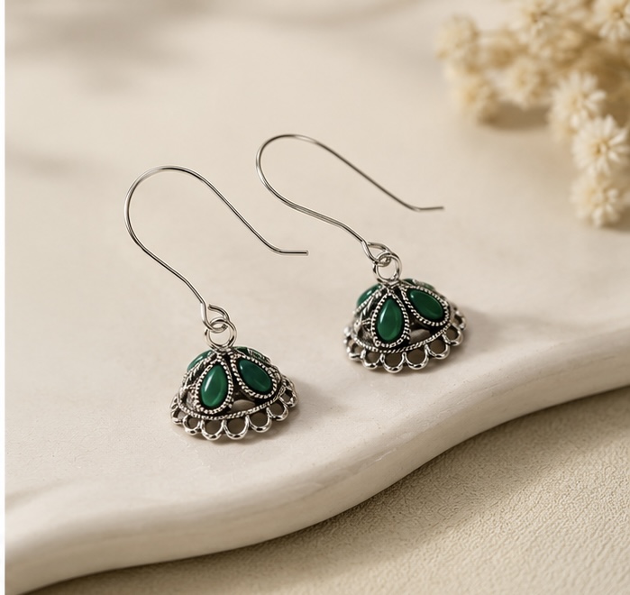 Green Stone Oxidised Jhumka Earrings