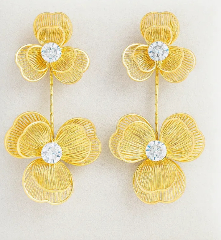 22kGod-Plated Double Layered Floral Drop Earrings With Crystal Centers
