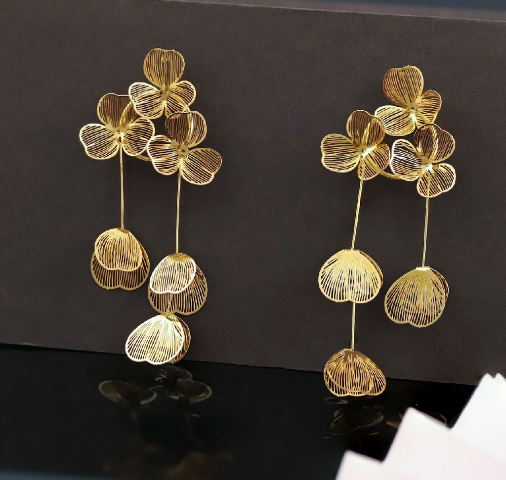 22k Gold-Plated Wire-Textured Floral Cluster Drop Earrings With Hanging Petal Strands